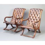 A Regency style mahogany show frame rocking chair upholstered in brown buttoned leather together