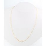 A single strand of cultured graduated pearls with a yellow gold sapphire set clasp 38cm