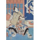 Utagawa Toyokuni (1786-1865) wood cut print, study of a samurai, signed 35cm x 24cm