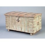 An 18th/19th Century Indian hardwood coffer with hinged lid, iron banding and iron drop handles, the