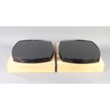Ten Chinese shaped black lacquered trays contained in a pine carrying case 36cm x 36cm