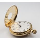 Of Railway Interest. A gentleman's 18ct yellow gold half hunter pocket watch with enamelled front