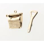 Two 9ct yellow gold charms in the form of a bottle opener and a typewriter 1.7 grams