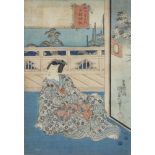 19th Century Japanese wood cut print, signed, study of a lady sitting on a pavillion terrace with