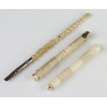 A Victorian bone Stanhope pen with views of D'Onival, 2 ditto needle cases