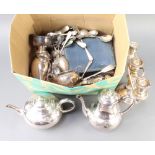 A silver plated candlestick and minor plated wares