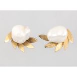 A pair of yellow gold baroque pearl floral ear studs, 3.5 grams 10mm