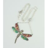 A silver peridot, garnet, ruby, marcasite and plique a jour dragonfly necklace