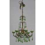 A 1930's gilt painted metal and jade coloured glass 3 tier circular, 6 branch electrolier hung
