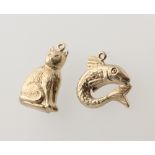 Two 9ct yellow gold charms in the form of a fish and a cat 1.7 grams