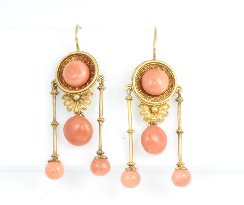 A pair of Victorian yellow gold etruscan style coral drop earrings 45mm 8.3 grams