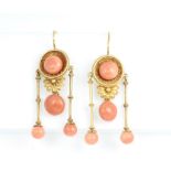 A pair of Victorian yellow gold etruscan style coral drop earrings 45mm 8.3 grams