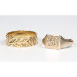 An 18ct yellow gold wedding band size P 1/2, 6.2 grams and a 9ct signet ring size L, 2 grams