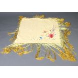 A lady's yellow embroidered silk shawl with fringe 92cm x 88cm
