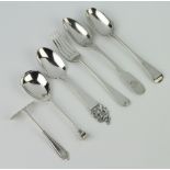 A silver apostle spoon London 1969, 3 other spoons, a fork and a pusher, 170 grams