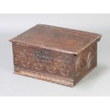 An 18th/19th Century carved oak bible box with hinged lid and iron butterfly hinges, the apron
