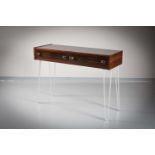 A ROSEWOOD SIDE TABLE, ITALIAN, with square chrome handles, raised on tubular twin metal supports