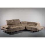 AN ITALIAN LEATHER L-SHAPED HABART SOFA, BY MAX DIVANI, with adjustable head rests, on chrome bases,