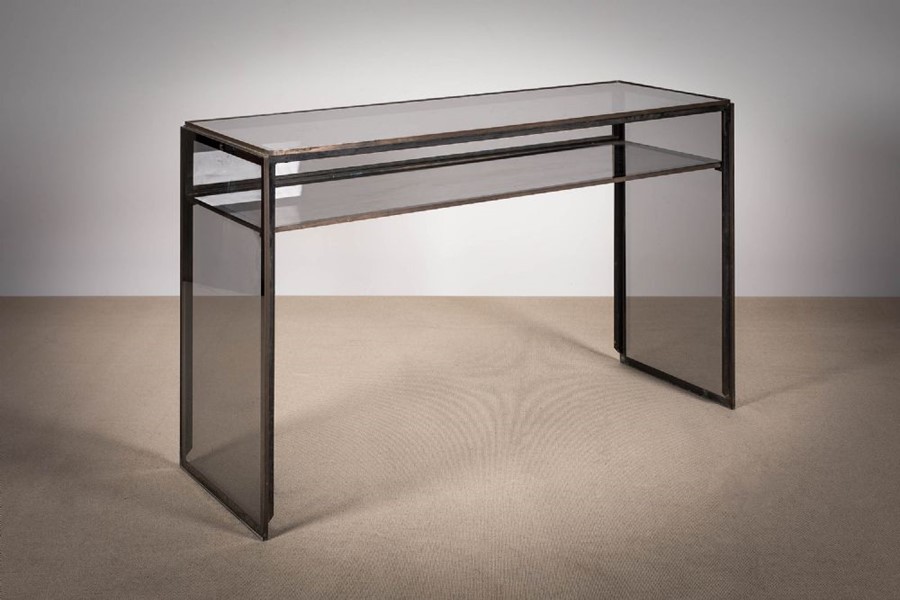 A CHROME AND SMOKED GLASS CONSOLE TABLE, 1970s, the square ends with tiered shelf, 123cm (w) x - Image 2 of 2