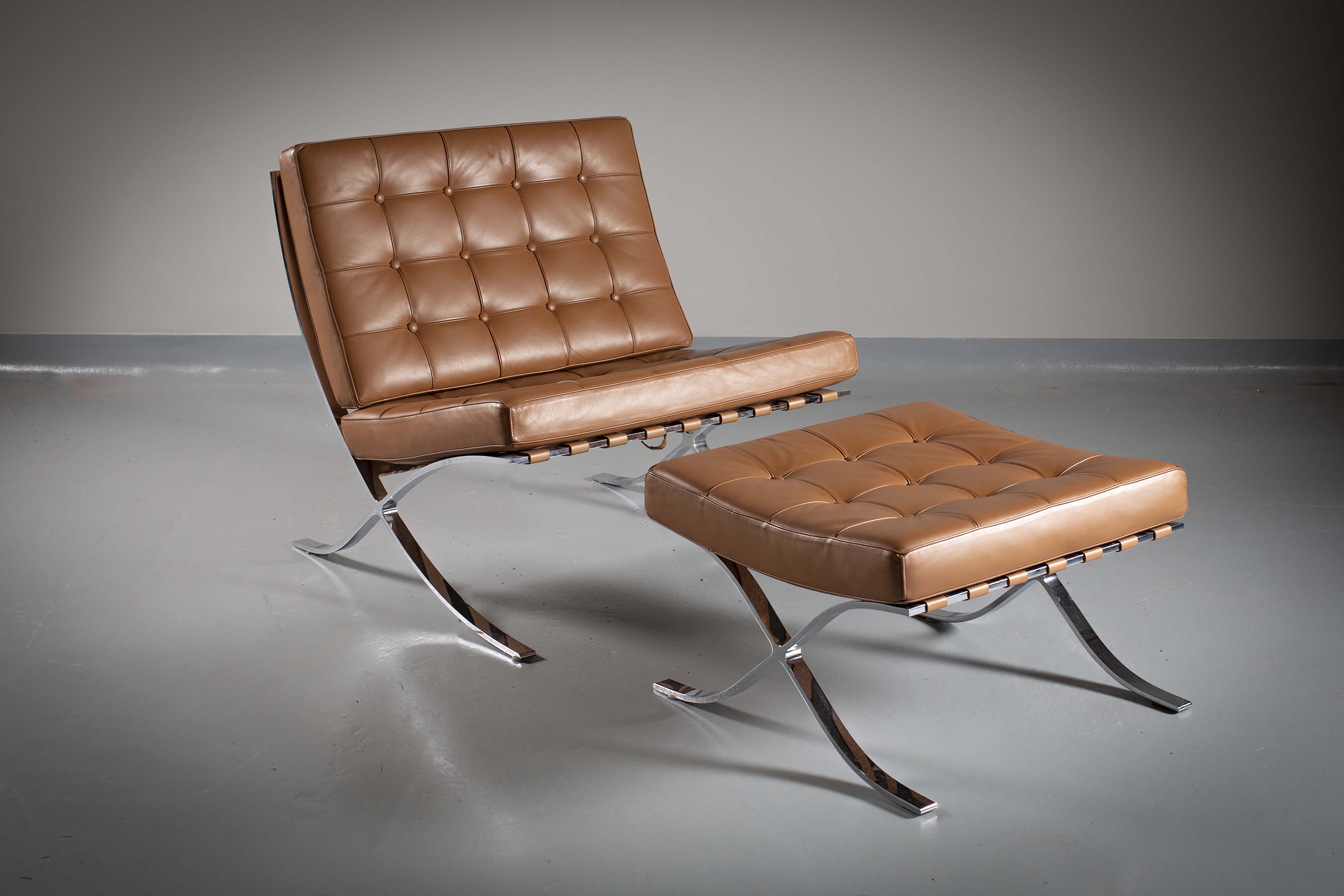 THE 'BARCELONA CHAIR AND STOOL', BY MIES VAN DER ROHE, ITALIAN, with tanned leather cushions, (2),