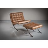 THE 'BARCELONA CHAIR AND STOOL', BY MIES VAN DER ROHE, ITALIAN, with tanned leather cushions, (2),