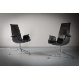 A PAIR OF BLACK LEATHER 6727 SWIVEL CHAIRS, BY PREBEN FABRICIUS AND JORGEN KASTHOLM FOR WALTER