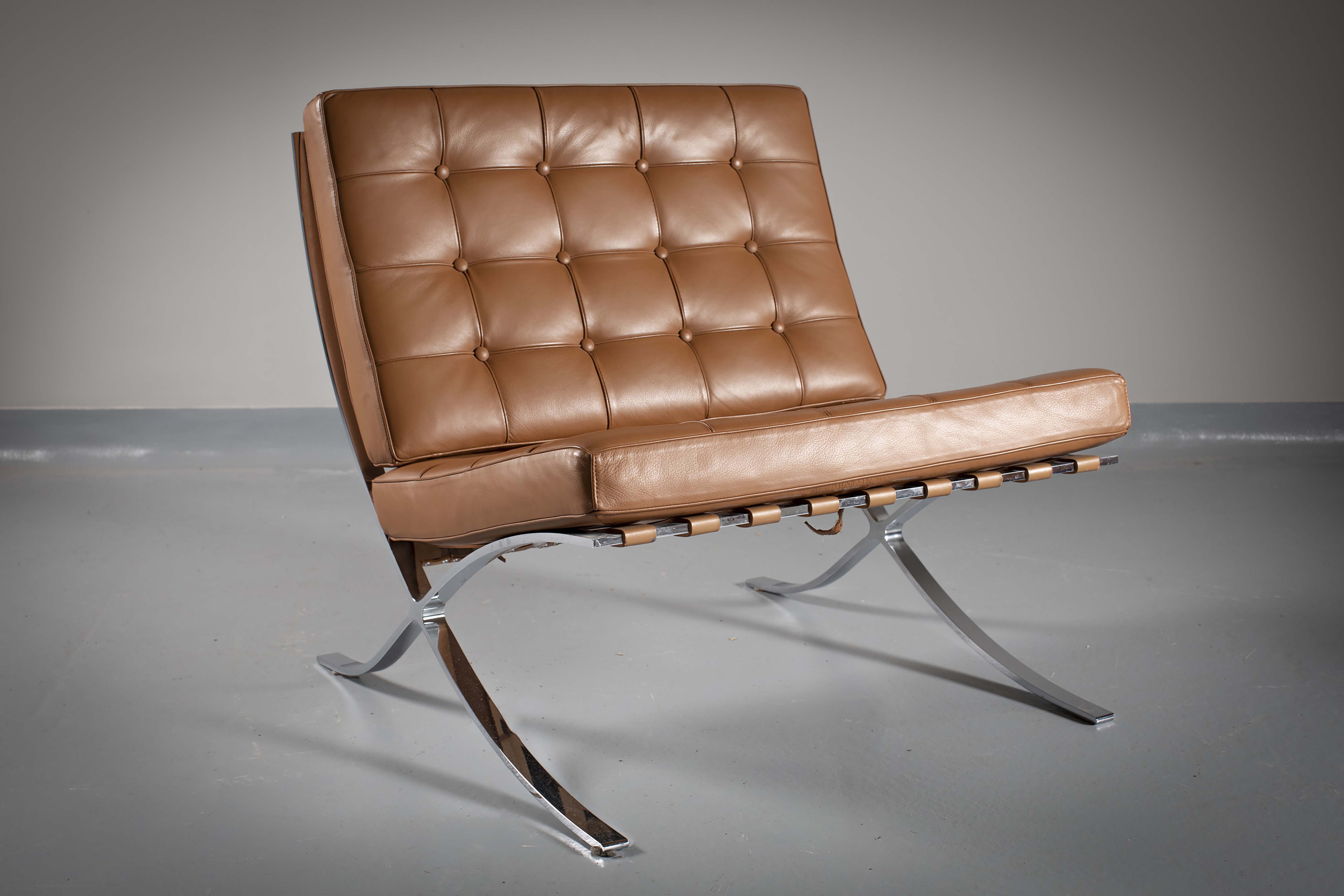 THE 'BARCELONA CHAIR AND STOOL', BY MIES VAN DER ROHE, ITALIAN, with tanned leather cushions, (2), - Image 3 of 5