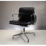 A SOFT PAD EA207 DESK CHAIR, by Charles and Ray Eames, for Vitra with black leather seat, chrome