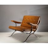 A TANNED LEATHER UPHOLSTERED AND CHROME EASY ARMCHAIR, 1970s