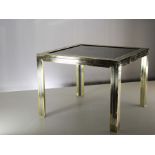 A GILT METAL SQUARE TABLE, 1970s, with bronzed mirrored top, 60cm x 60cm
