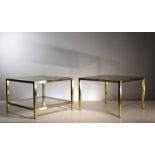 TWO GILT METAL SQUARE TABLES, FRENCH 1970s, with inset bronzed mirror tops, 41cm (h) x 60cm (