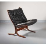 A SIESTA CHAIR, BY INGMAR RELLING, FOR WESTNOFA, bentwood, canvas and leather, bearing makers label.