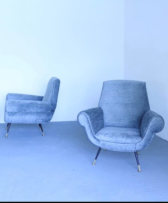 A PAIR OF ITALIAN UPHOLTERED EASY CHAIRS, 1960s, on tapering legs, with brass feet (2). - Image 2 of 2