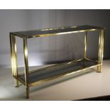 A GILT AND CHROME 2 TIER CONSOLE TABLE, ITALIAN 1970's WITH INSET SMOKED SHELVES, 130cm (w) x