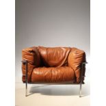 AN LC3 STYLE LOUNGE ARMCHAIR in the manner of  Le Corbusier by Alivar, in tanned leather.