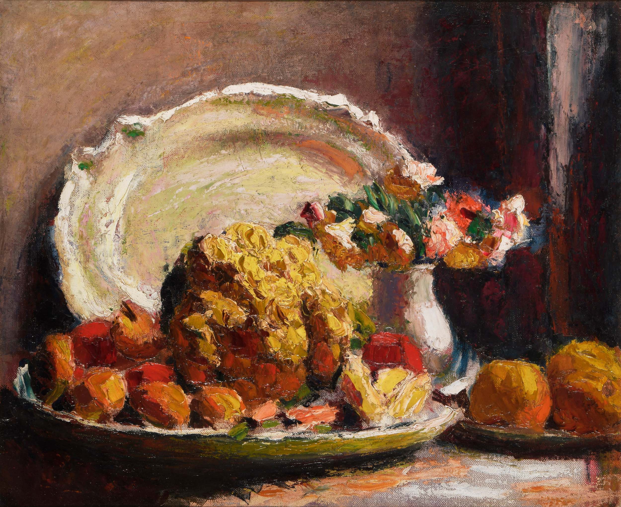STILL LIFE WITH CAULIFLOWER, VASE OF FLOWERS AND A PLATTER, (c.1923-26) by Roderic O'Conor