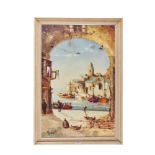 AQUILAY AGON, 20TH CENTURY OIL ON CANVAS, depicting a harbour scene through an archway, signed,