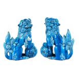 A PAIR OF LARGE LATE 19TH CENTURY CHINESE TURQUOISE GLAZED DOGS OF FO with incised roundel