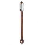 A 19TH CENTURY ARCHED TOP ROSEWOOD STICK BAROMETER with ivory scale and thermometer,