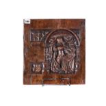 A FINELY CARVED ENGLISH OR EUROPEAN MEDIEVAL OAK FRAGMENTARY PANEL depicting a female figure in an