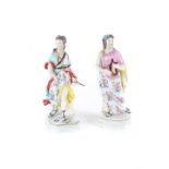 A PAIR OF 18TH CENTURY DERBY PORCELAIN FIGURES decorated in polychrome enamels,