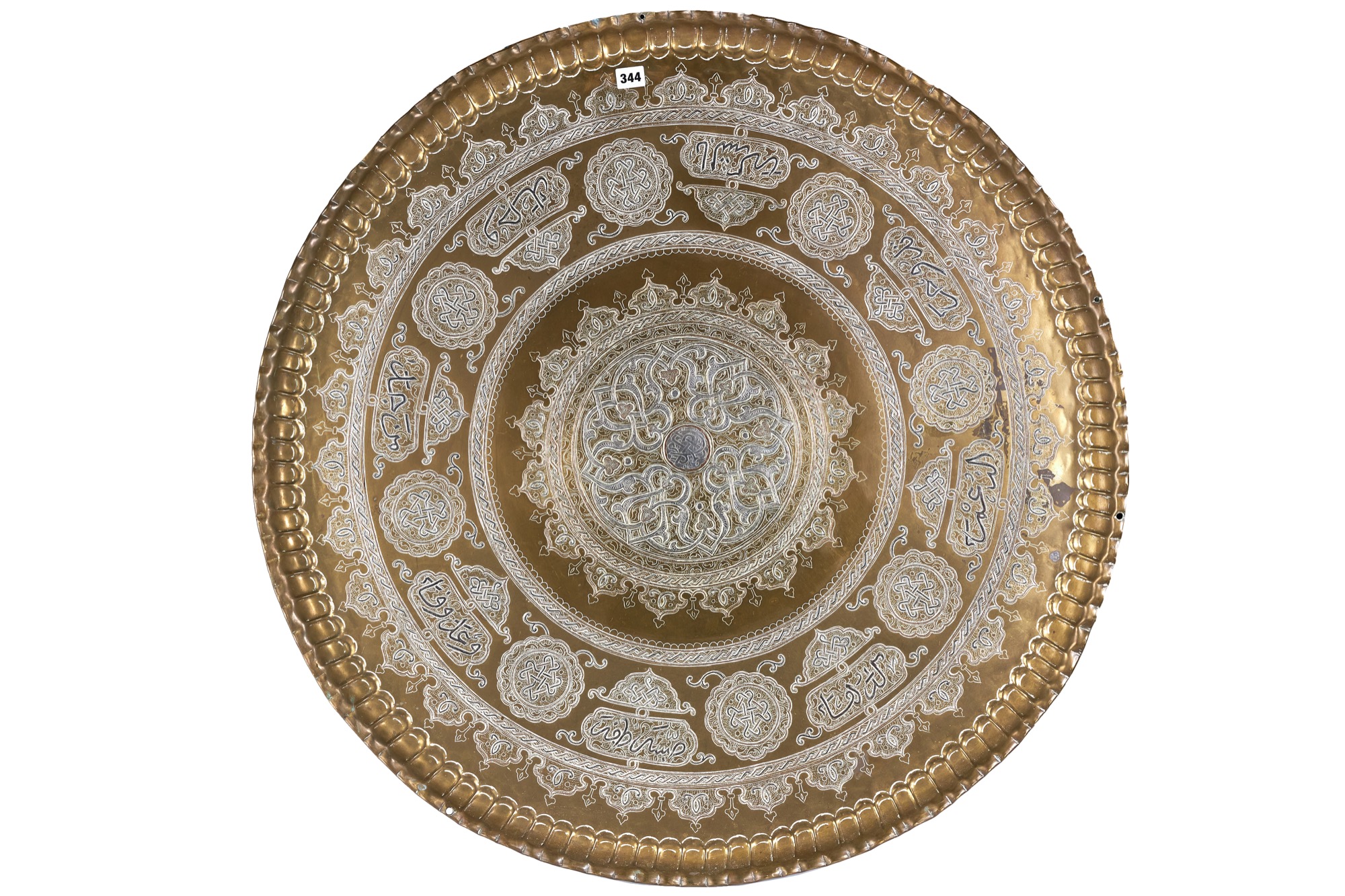 AN IMPRESSIVE LARGE CIRCULAR CAIROWARE BRASS AND MIXED METAL TRAY decorated with roundels and