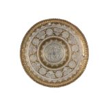 AN IMPRESSIVE LARGE CIRCULAR CAIROWARE BRASS AND MIXED METAL TRAY decorated with roundels and