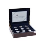 2006 ELIZABETH II 80TH BIRTHDAY NINE COIN SILVER PROOF COMMEMORATIVE SET, each 28 grams, boxed.