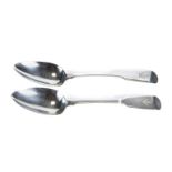 A PAIR OF GEORGE IV IRISH SILVER FIDDLE PATTERN TABLE SPOONS, thistle and bee crest, maker:- PM,