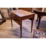 A GEORGE III MAHOGANY PEMBROKE TABLE, the satinwood crossbanded top above an end drawer,