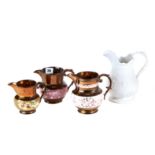 SIX VICTORIAN COPPER LUSTRE WARE JUGS, a ditto GOBLET decorated with a Chinoiserie design,