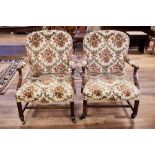 A PAIR OF GEORGE III MAHOGANY GAINSBOROUGH ARMCHAIRS, scrolled open arms with scroll supports,