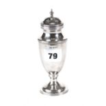 A GEORGE V SILVER VASE FORM SUGAR CASTER with pierced slip on cover, maker:- RP, London 1946,