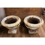 A PAIR OF 19TH CENTURY CAST IRON CAMPANA SHAPE GARDEN URNS, egg and dart moulded borders,